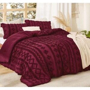 Bedsure Tufted Boho Comforter Set  King Size 3 Pieces Burgundy Embroiderd